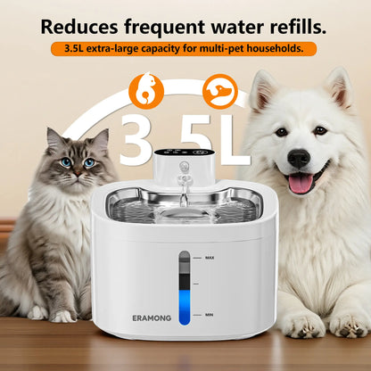 ERAMONG Smart Indoor Wireless Pet Water Fountain - 3.5L Capacity, Battery-Powered with Stainless Steel Tray, Motion Sensor, and 4-Layer Filtration System for Cats and Dogs